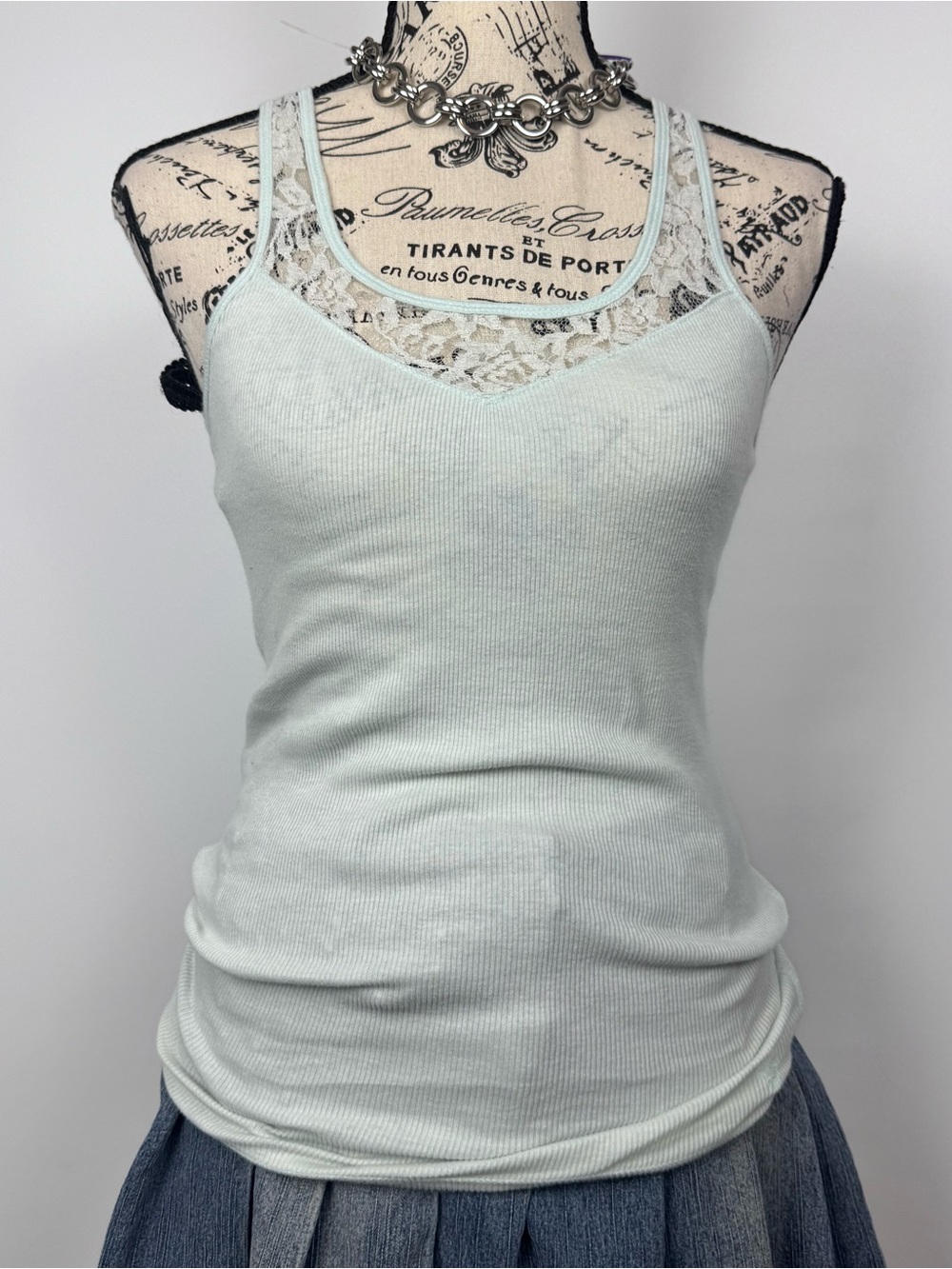 American Eagle Outfitters Lace-Inset Ribbed Tank - Light Mint Green